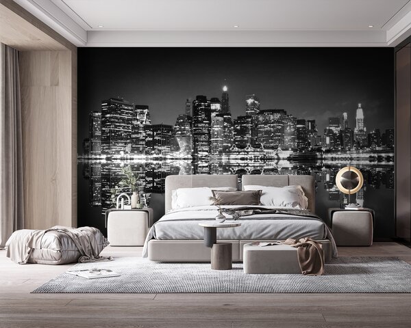 Fototapet Skyline oraș pe timp de noapte cu lumini care se reflectă pe apă, Fototapet arhitectură, Fototapet populare, u56970 - Tapeko.ro