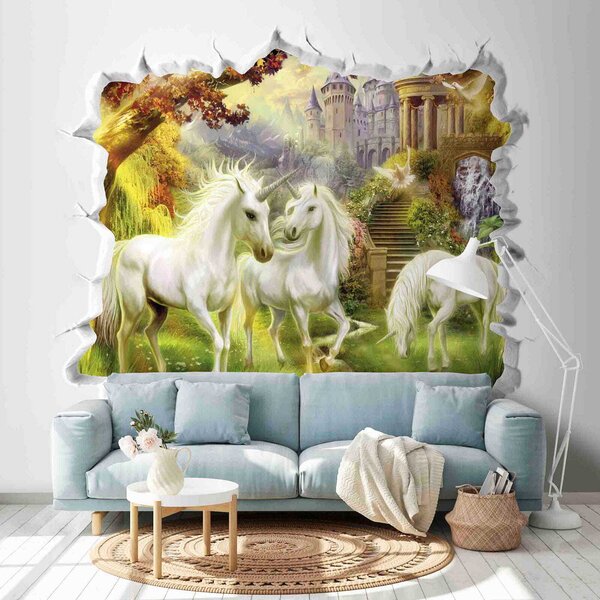 Fototapet Zid cu un castel și unicorni, Fototapet unicorni, Fototapet populare, u60025 - Tapeko.ro