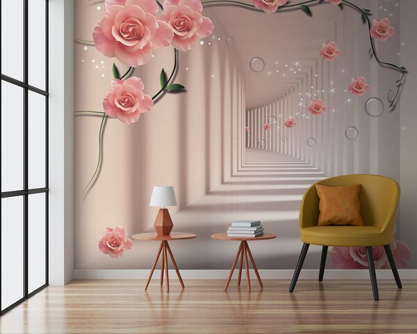 Fototapet Wallpaper cu trandafiri roz și scări albe, Fototapet flori 3D, Fototapet populare, u60194v3 - Tapeko.ro
