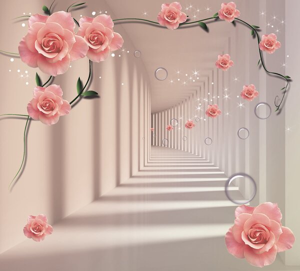 Fototapet Wallpaper cu trandafiri roz și scări albe, Fototapet flori 3D, Fototapet populare, u60194v3 - Tapeko.ro