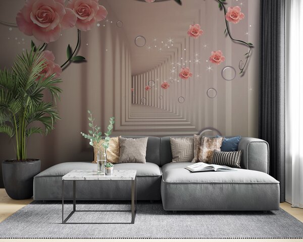 Fototapet Wallpaper cu trandafiri roz și scări albe, Fototapet flori 3D, Fototapet populare, u60194v3 - Tapeko.ro