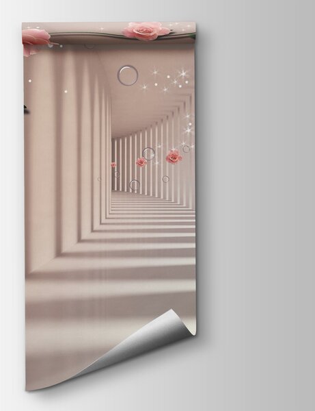 Fototapet Wallpaper cu trandafiri roz și scări albe, Fototapet flori 3D, Fototapet populare, u60194v3 - Tapeko.ro