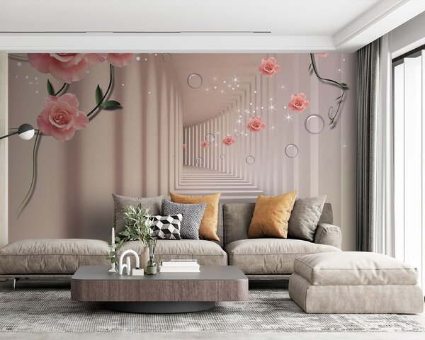 Fototapet Wallpaper cu trandafiri roz și scări albe, Fototapet flori 3D, Fototapet populare, u60194v3 - Tapeko.ro