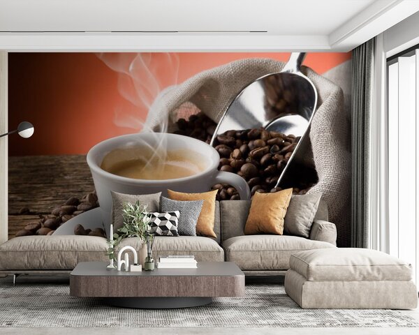 Fototapet Ceașcă de cafea cu abur și boabe de cafea, Fototapet mâncare și băutură, Fototapet populare, u64903 - Tapeko.ro