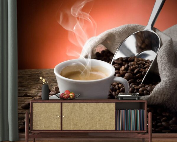 Fototapet Ceașcă de cafea cu abur și boabe de cafea, Fototapet mâncare și băutură, Fototapet populare, u64903 - Tapeko.ro