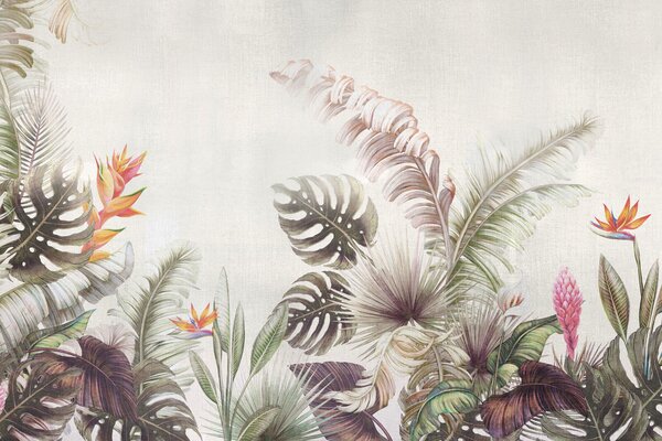 Fototapet Frunze și flori tropicale vibrante, Fototapet pădure, Fototapet populare, u73990 - Tapeko.ro