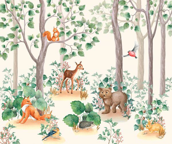 Fototapet O pădure plină de fantezie, populată de animale jucăușe, Fototapet natură, Fototapet populare, u79629 - Tapeko.ro