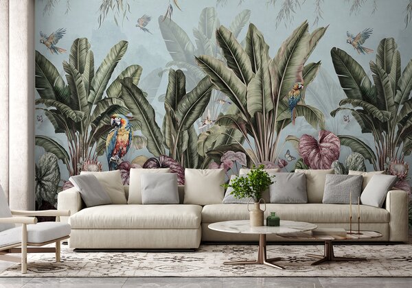 Fototapet Wallpaper cu plante tropicale și păsări, Fototapet pădure, Fototapet populare, u96259 - Tapeko.ro