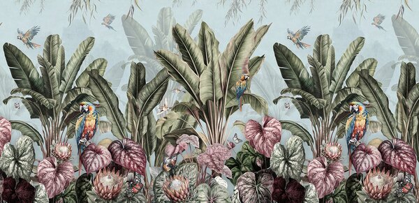 Fototapet Wallpaper cu plante tropicale și păsări, Fototapet pădure, Fototapet populare, u96259 - Tapeko.ro