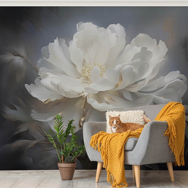 Tapet Floare mare albă abstractă pe un fundal întunecat, Fototapet Flori, Fototapet Peonii, w08859 : Uwalls.ro
