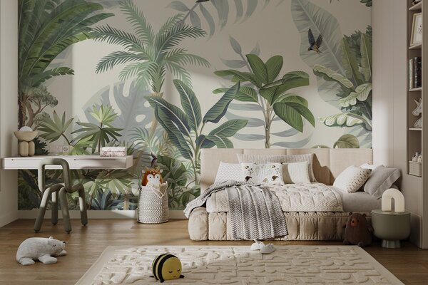 Fototapet Wallpaper cu plante tropicale și păsări, Fototapet natură, Fototapet populare, w03252 - Tapeko.ro
