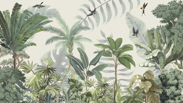 Fototapet Wallpaper cu plante tropicale și păsări, Fototapet natură, Fototapet populare, w03252 - Tapeko.ro