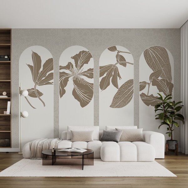 Fototapet Grup de motive florale albe și maro, Fototapet natură, Fototapet populare, w08866 - Tapeko.ro
