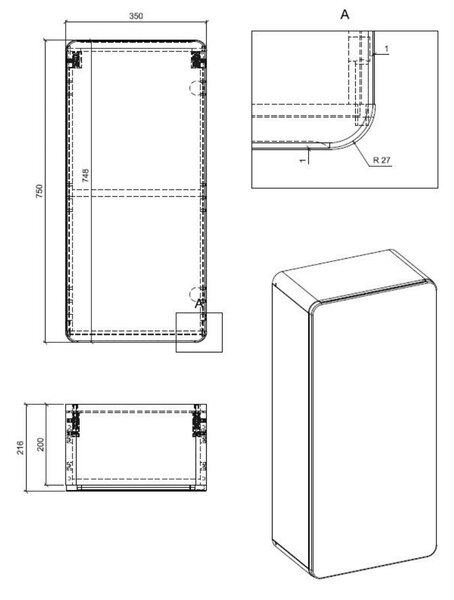Comad Aruba White dulap 35x22x75 cm laterala pe perete alb-stejar ARUBAWHITE830FSC