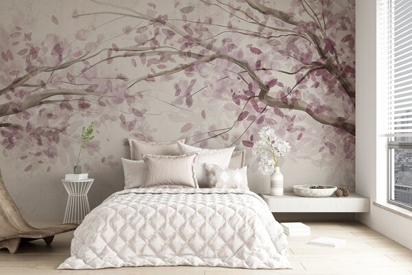Tapet Ramuri de flori cu frunze roz, culori moi, detalii delicate, stil acuarelă, pe un, Fototapet pădure, Fototapet copaci, w08867 : Uwalls.ro
