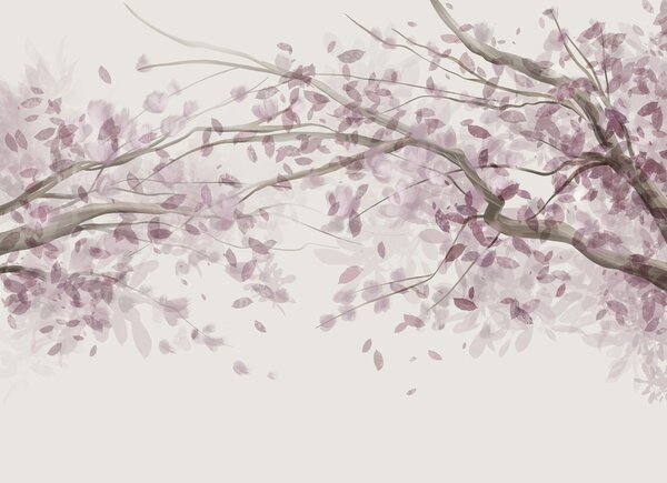 Tapet Ramuri de flori cu frunze roz, culori moi, detalii delicate, stil acuarelă, pe un, Fototapet pădure, Fototapet copaci, w08867 : Uwalls.ro