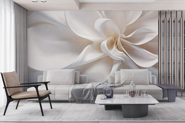 Tapet O floare alb pastel texturat minimalist cu petale moi, lumina si aerisit, pe un fundal alb, Fototapet Flori, w08868 : Uwalls.ro