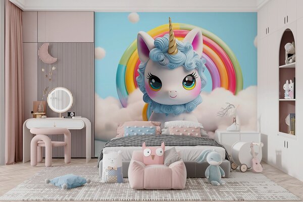 Fototapet Jucărie unicorn cu un curcubeu în fundal, Fototapet copii, Fototapet populare, w08848 - Tapeko.ro