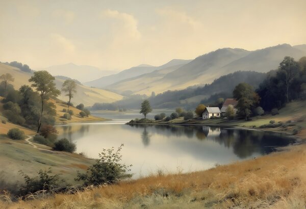Fototapet Lac cu o casă și copaci, Fototapet natură, Fototapet populare, w03331 - Tapeko.ro