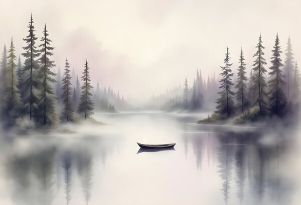 Fototapet Barcă pe un lac cu copaci în fundal, Fototapet natură, Fototapet populare, w03333 - Tapeko.ro