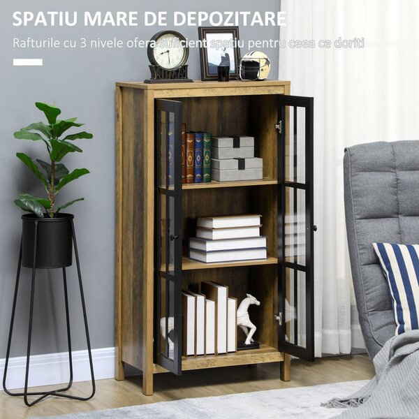 HOMCOM Dulap pentru Bucătărie Modern cu Uși din Sticlă, Ideal pentru Sufragerie și Birou, Design Contemporan, Maro | Aosom Romania