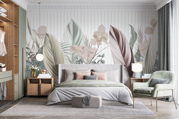 Tapet Frunze tropicale cu culori pastelate moi, verde deschis, roz deschis și maro deschis, linii verticale în, Fototapet Natură, w08892 : Uwalls.ro