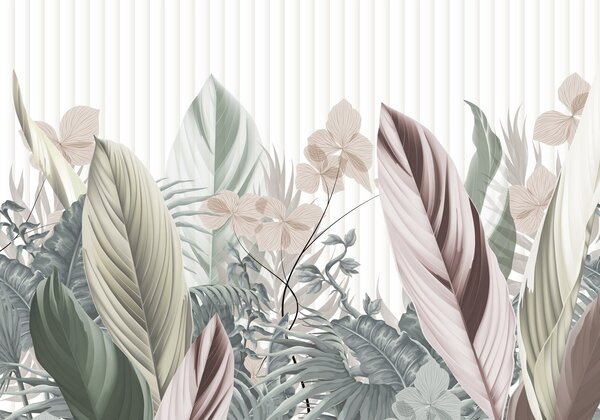 Tapet Frunze tropicale cu culori pastelate moi, verde deschis, roz deschis și maro deschis, linii verticale în, Fototapet Natură, w08892 : Uwalls.ro