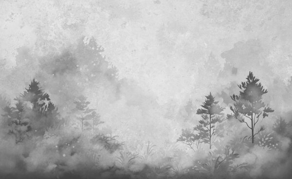 Fototapet Imagine alb-negru de copaci și tufișuri, Fototapet natură, Fototapet populare, w08862v1 - Tapeko.ro