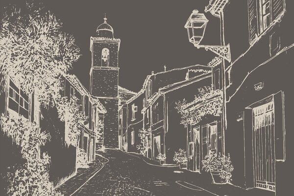 Tapet Strada orașului, arhitectură frumoasă, clădiri, Marea Mediterană, desen liniar, culoare închisă, Fototapet Provence, w03345v2 : Uwalls.ro