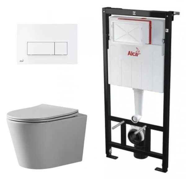 Set complet vas WC suspendat, Fluminia, Cleo gri mat, Tornado Flush, cu rezervor Alca si clapeta alba