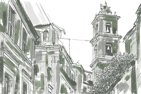 Fototapet Desenul unei clădiri cu clopote, Fototapet skyline, Fototapet populare, w03350v2 - Tapeko.ro