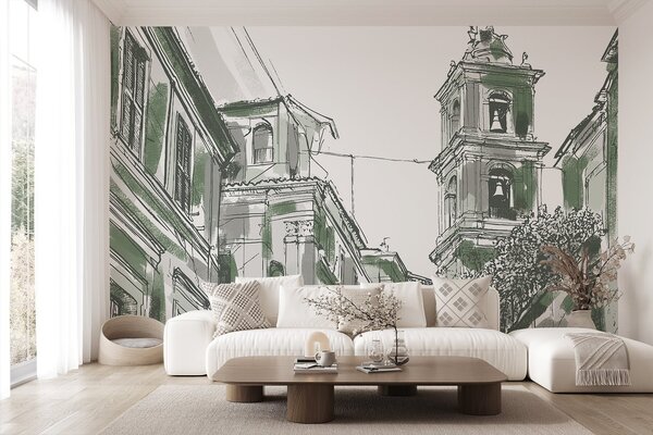 Fototapet Desenul unei clădiri cu clopote, Fototapet skyline, Fototapet populare, w03350v2 - Tapeko.ro