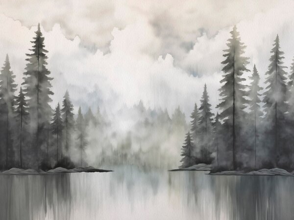 Fototapet Pictură în acuarelă a unei păduri și a unui lac, Fototapet natură, Fototapet populare, w03387 - Tapeko.ro