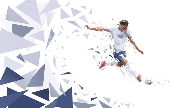 Tapet Fotbalist dinamic într-un stil low-poly, lovind mingea, Fototapet pentru camera unui adolescent, Fototapet Fotbal, w03289 : Uwalls.ro