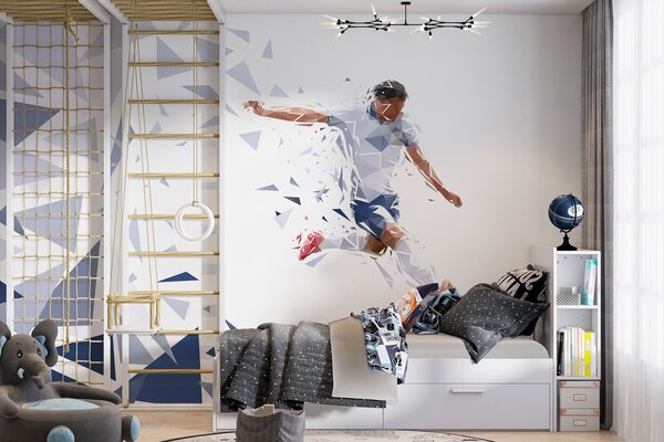 Tapet Fotbalist dinamic într-un stil low-poly, lovind mingea, Fototapet pentru camera unui adolescent, Fototapet Fotbal, w03289 : Uwalls.ro