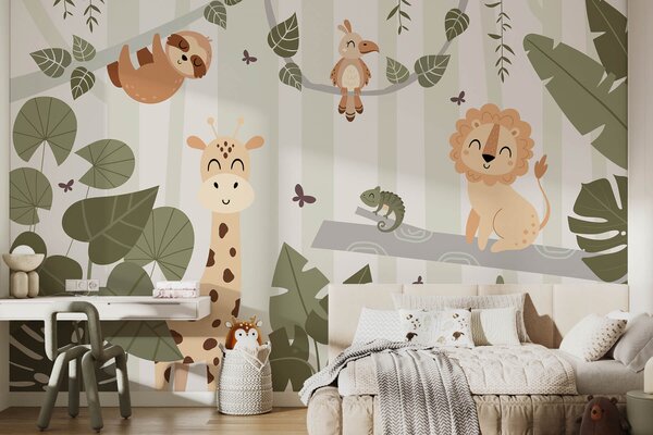 Fototapet Desen animat de animale într-o junglă, Fototapet jungle, Fototapet populare, w03376 - Tapeko.ro