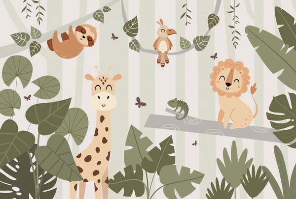 Fototapet Desen animat de animale într-o junglă, Fototapet jungle, Fototapet populare, w03376 - Tapeko.ro