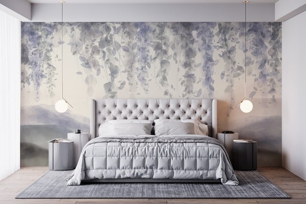 Tapet Wisteria frunze agățat peste munți blured, moale pastel albastru și gri culori, peisaj stil acuarelă, Fototapet Flori, w08909 : Uwalls.ro