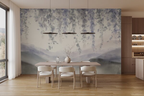 Tapet Wisteria frunze agățat peste munți blured, moale pastel albastru și gri culori, peisaj stil acuarelă, Fototapet Flori, w08909 : Uwalls.ro