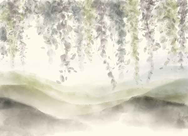 Tapet Wisteria frunze agățat peste munți blured, moale pastel verde și bej culori, peisaj stil acuarelă, Fototapet Acuarelă, w08909v2 : Uwalls.ro