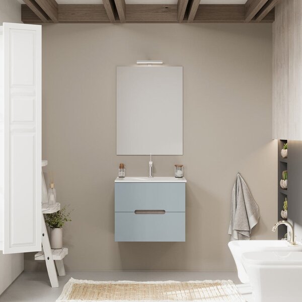 Mobilier Baie Suspendat, 60 Cm, Stejar Natural și Mască Frontală Albastru Deschis Mat | Magnolia