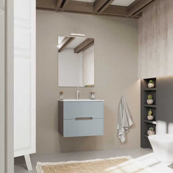 Mobilier Baie Suspendat, 60 Cm, Stejar Natural și Mască Frontală Albastru Deschis Mat | Magnolia