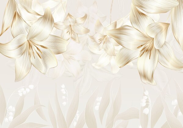 Tapet Crini galbeni cu linii complicate, aranjament floral elegant, paleta de culori neutre, Fototapet Acuarelă, w08912 : Uwalls.ro
