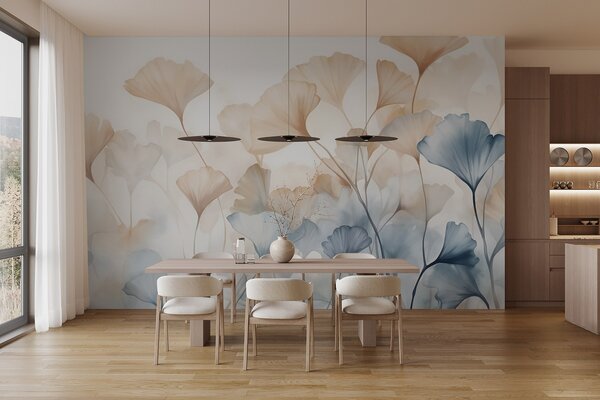 Tapet Frunze de Ginkgo în acuarelă albastră și portocalie, petale translucide, tulpini delicate, paletă de, Fototapet Natură, w08917 : Uwalls.ro