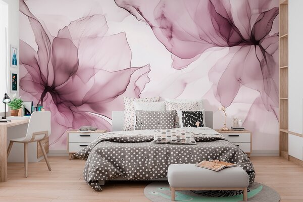 Tapet Flori în stil fluid, abstracție florală, acuarelă, paletă de culori roz , Fototapet Acuarelă, w03406v1 : Uwalls.ro