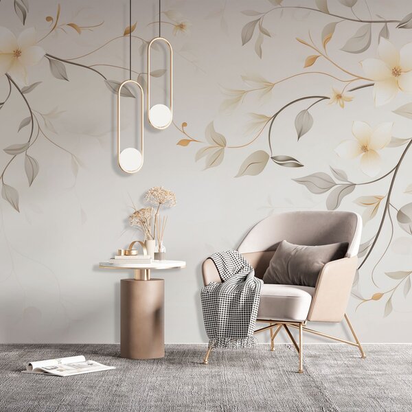Fototapet Design floral alb și maro, Fototapet flori, Fototapet populare, w03439 - Tapeko.ro