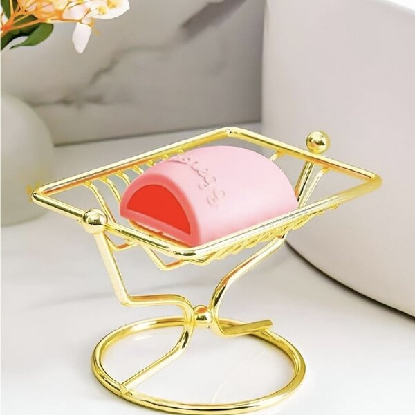 Savoniera metalica Pufo Goldie cu picior, 12 x 8.5 cm, auriu – accesoriu elegant si practic pentru baie