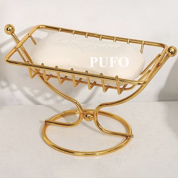 Savoniera metalica Pufo Goldie cu picior, 12 x 8.5 cm, auriu – accesoriu elegant si practic pentru baie