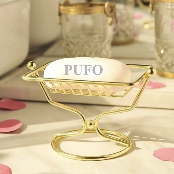 Savoniera metalica Pufo Goldie cu picior, 12 x 8.5 cm, auriu – accesoriu elegant si practic pentru baie