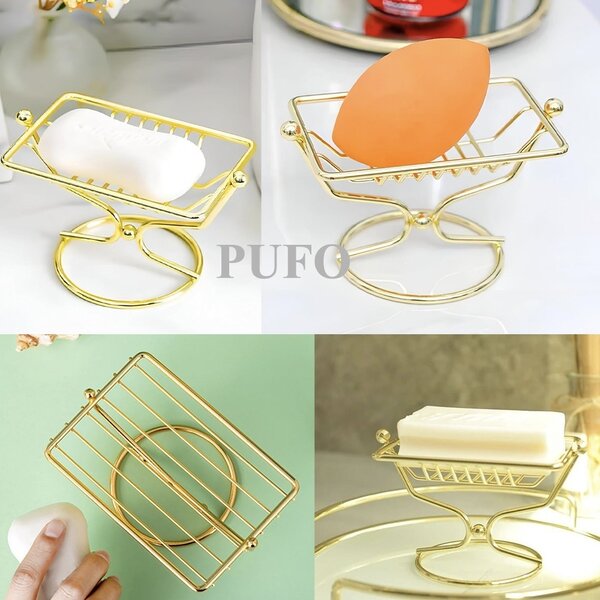 Savoniera metalica Pufo Goldie cu picior, 12 x 8.5 cm, auriu – accesoriu elegant si practic pentru baie